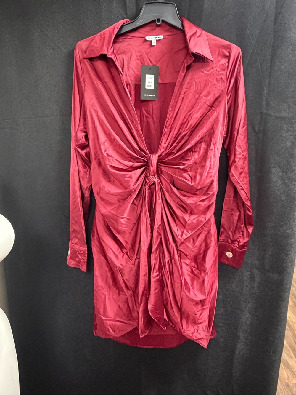 Fashion Nova Burgundy Satin Tie-Front Button Down Shirt Dress